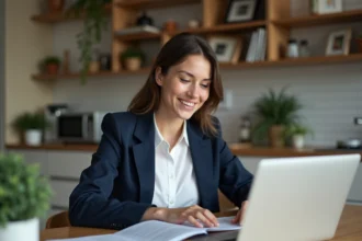 Jeune femme professionnelle souriante dans un bureau à domicile