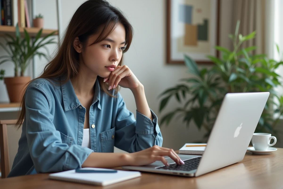 Jeune femme concentrée travaillant sur un ordinateur portable dans un bureau moderne