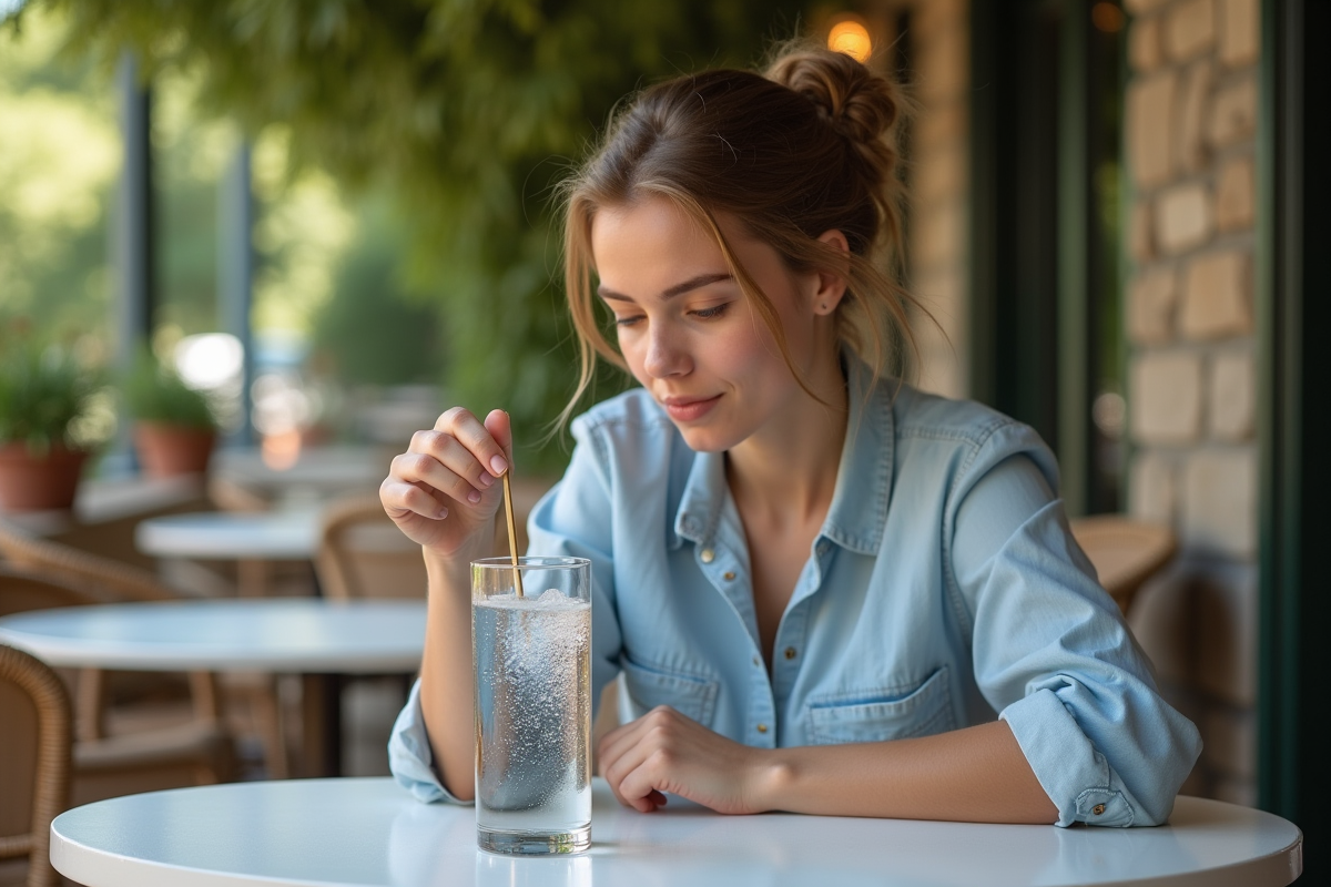 Jeune femme au café européen examine une eau gazeuse