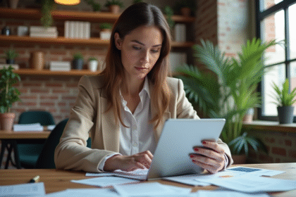 Jeune femme en coworking calculant finances sur tablette