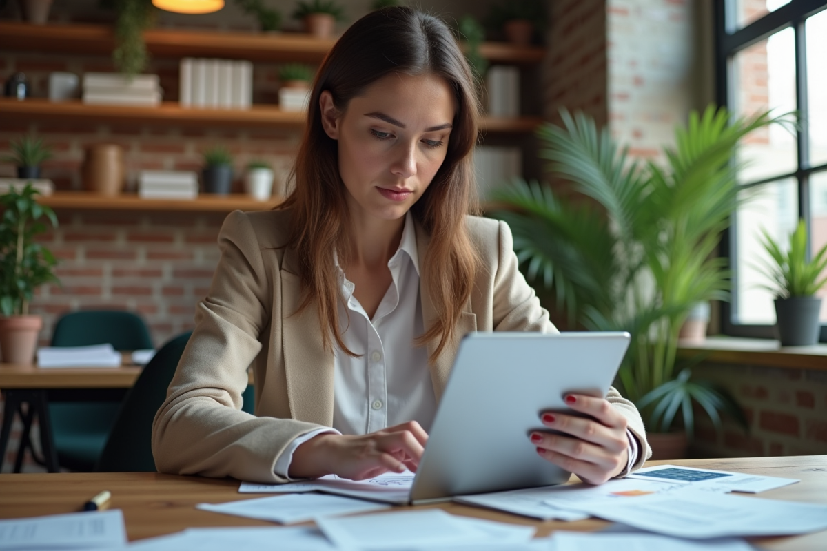 Jeune femme en coworking calculant finances sur tablette