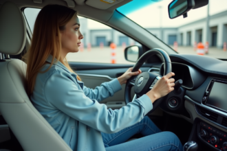 Jeune femme concentrée au volant d'une voiture urbaine moderne