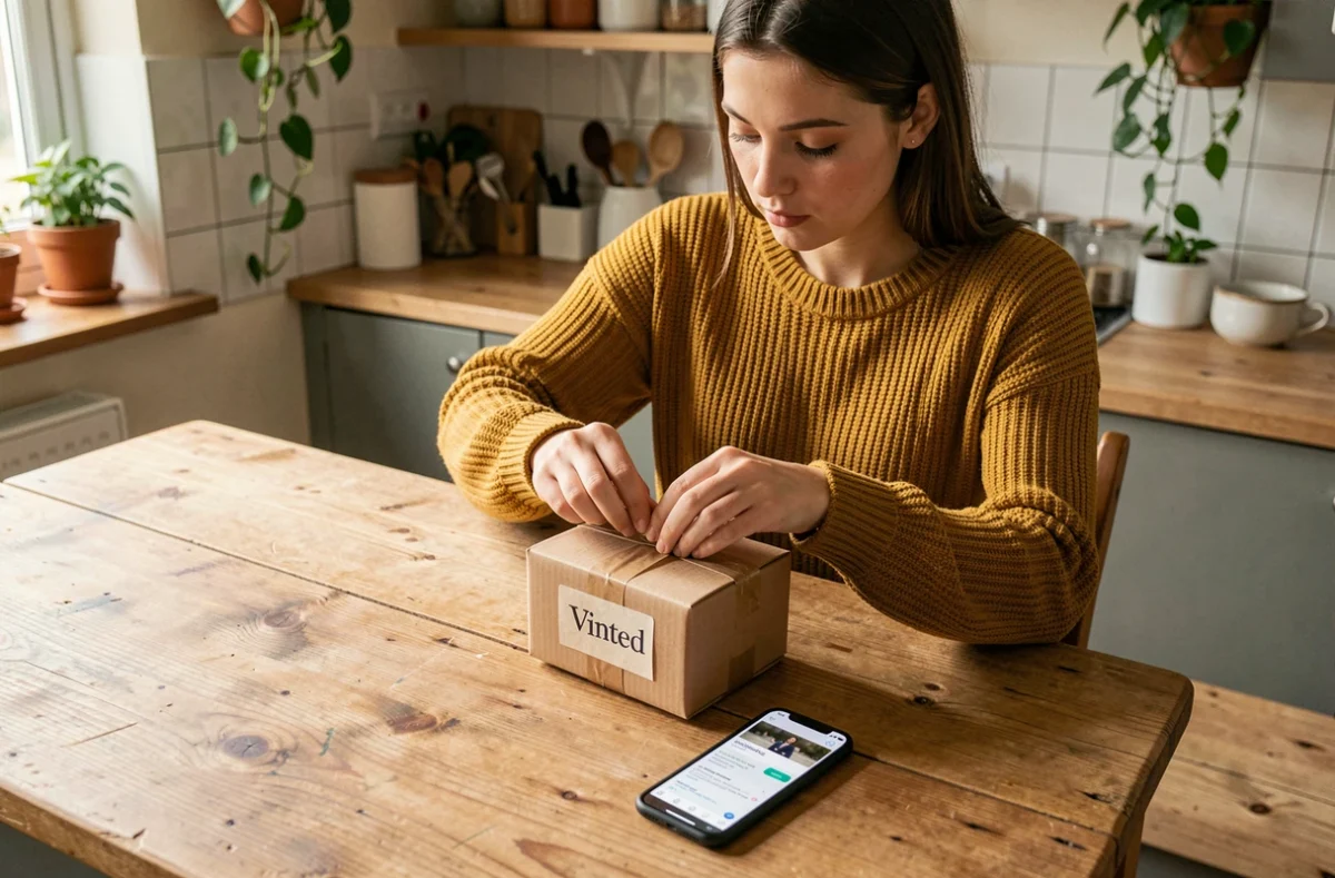 Jeune femme déballant un colis Vinted reçu à domicile avec l'application affichée sur son téléphone