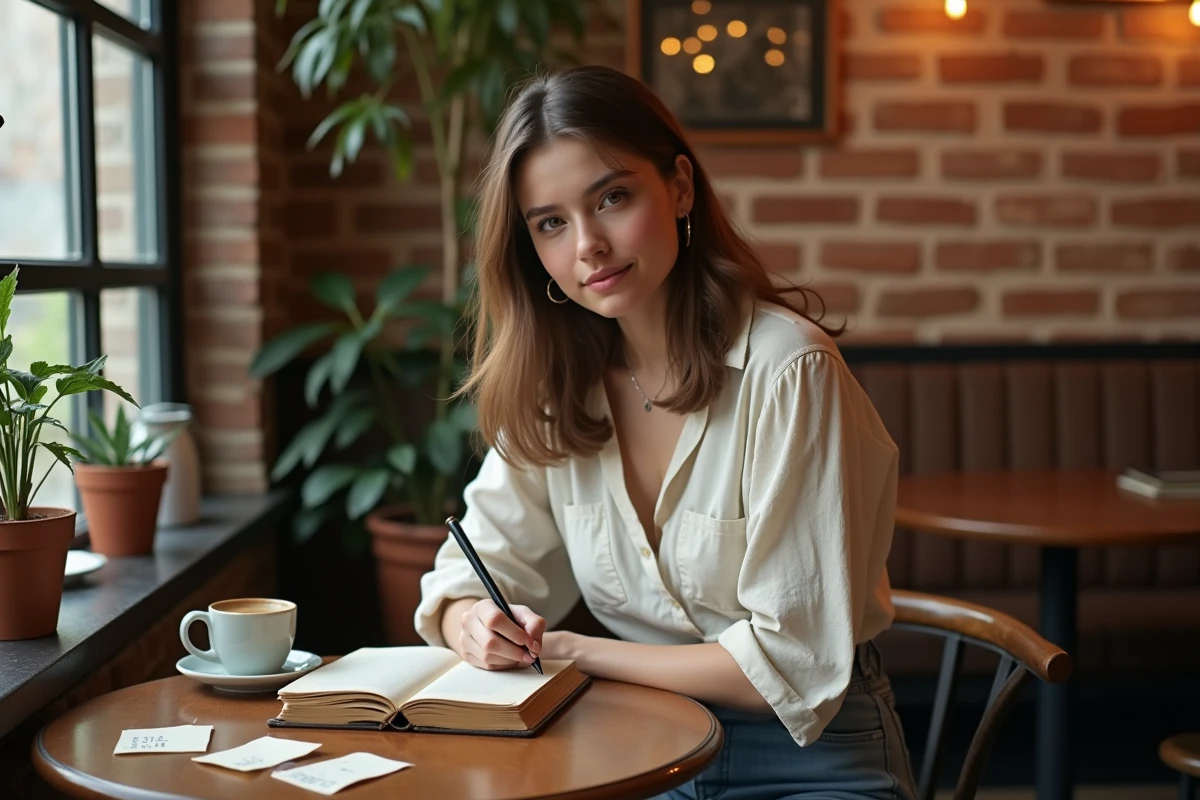 Jeune femme écrivant des expressions d'amour en espagnol dans un carnet dans un café bohème