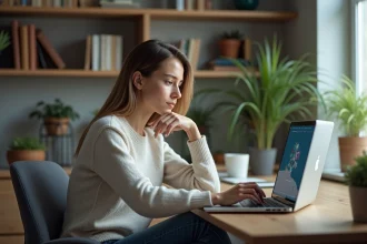 Jeune femme concentrée devant son ordinateur dans un bureau cosy