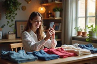 Jeune femme souriante prenant en photo des vêtements d'occasion sur une table