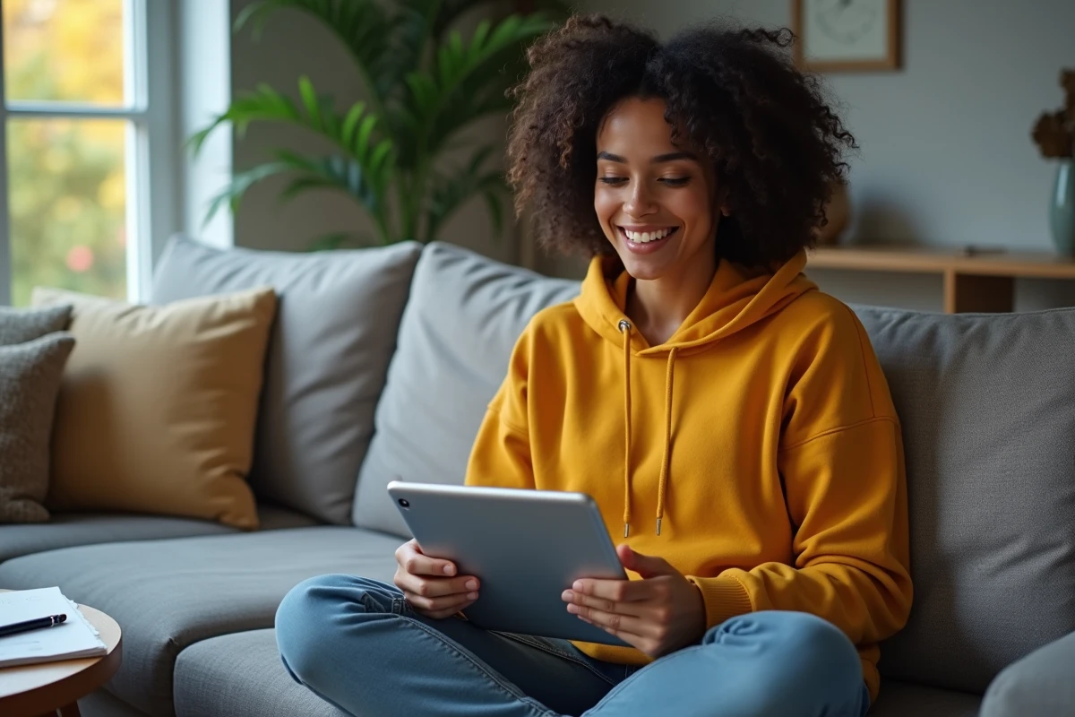 Jeune femme utilisant une application de grammaire sur tablette pour apprendre la différence entre je serai et je serais en français