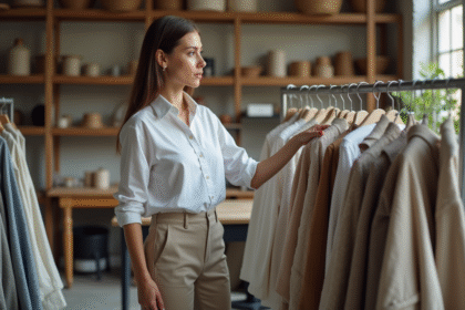 Jeune femme examine des vêtements en tissus recyclés dans un atelier