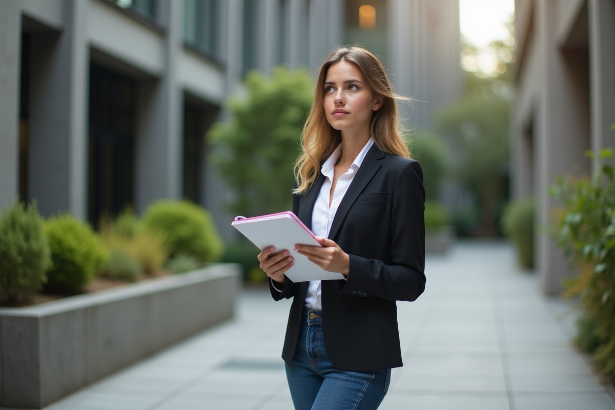 Jeune femme en extérieur avec un carnet dans un cadre urbain