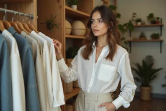 Jeune femme examine des vêtements écologiques dans une boutique
