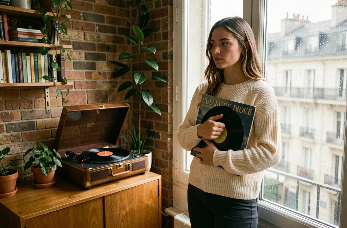Jeune femme tenant un vinyle dans un appartement parisien, regard mélancolique vers la pluie, atmosphère poétique évoquant la chanson française de Cabrel