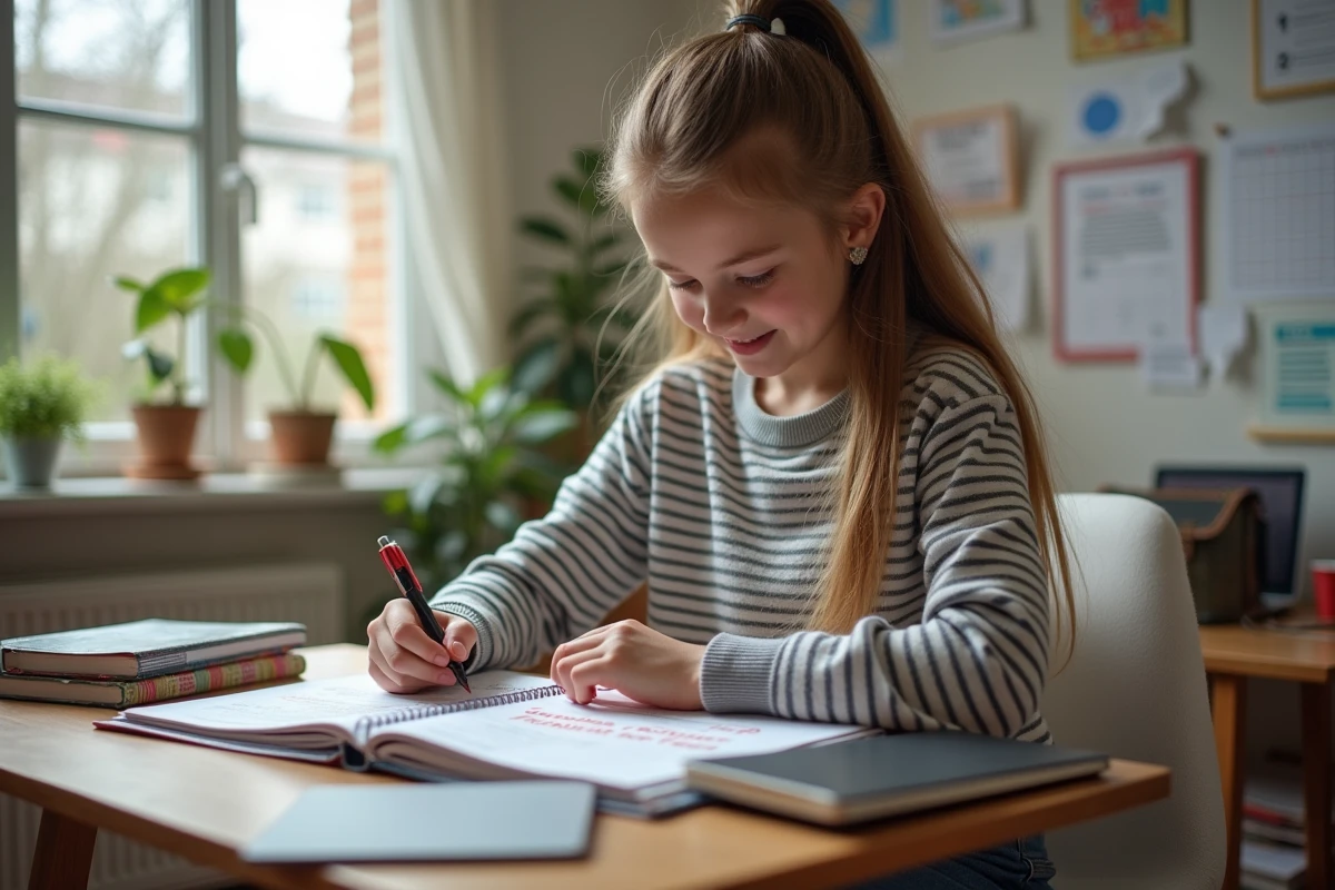 Jeune fille vérifie son planner scolaire dans sa chambre