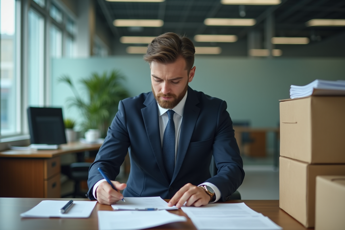 Jeune employé de banque préparant ses documents