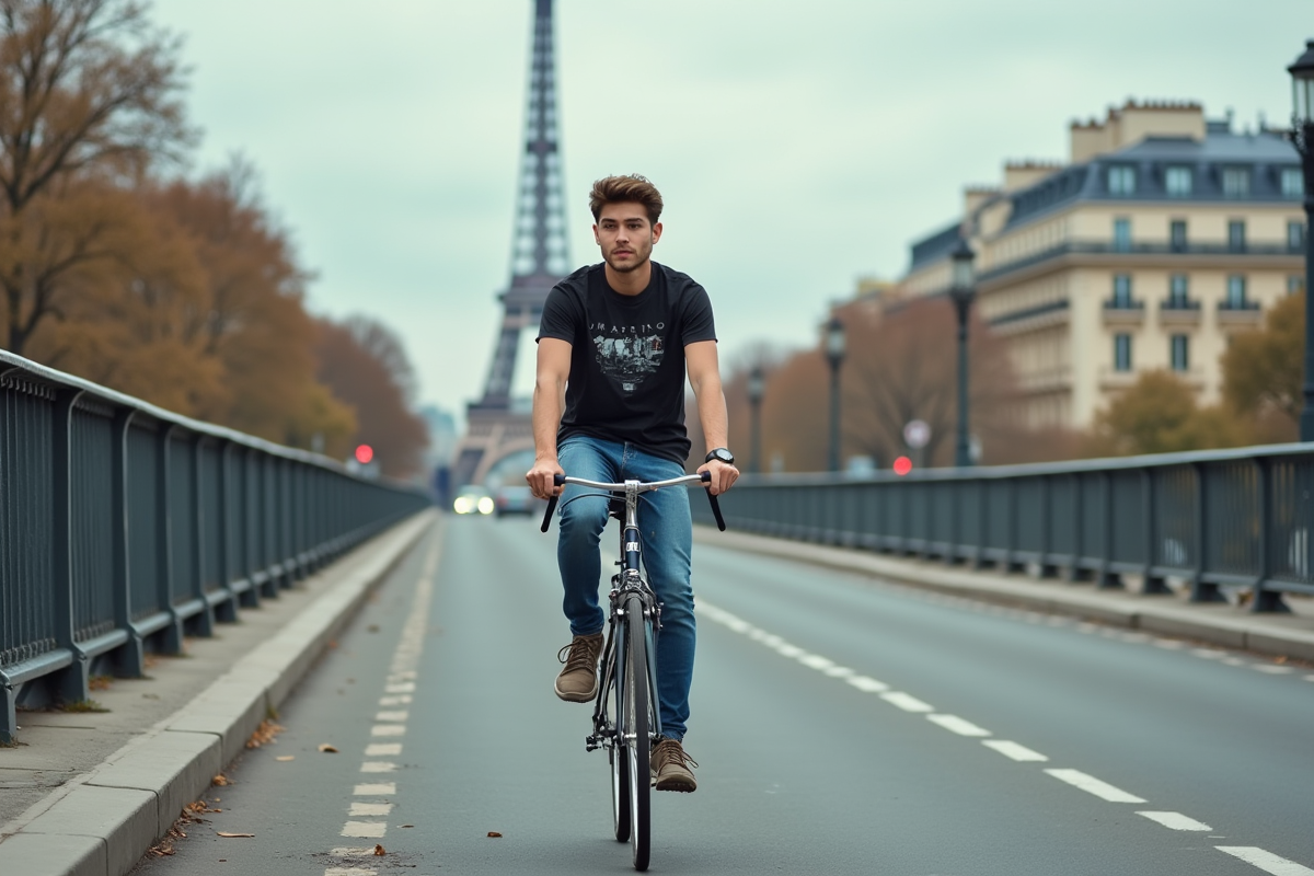 Jeune homme à vélo traversant un pont parisien en ville