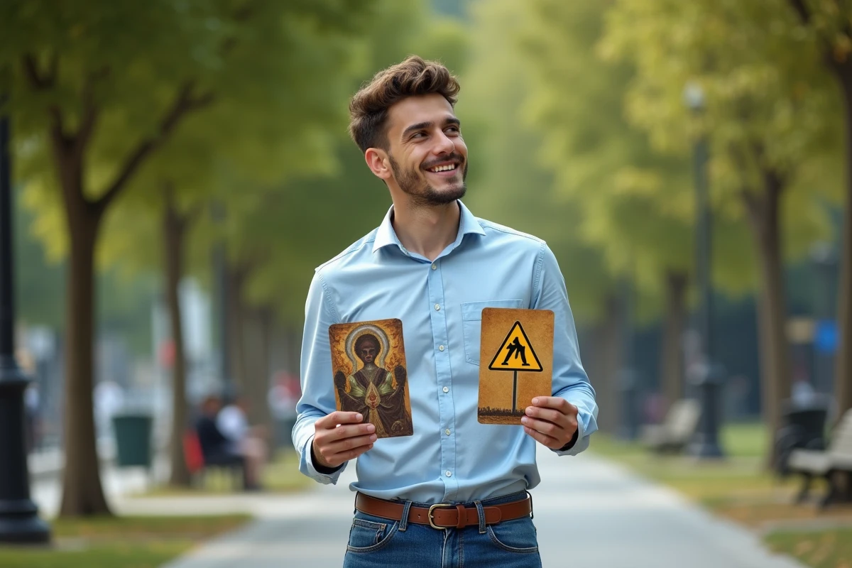 Jeune homme dans un parc étudiant deux cartes mystérieuses