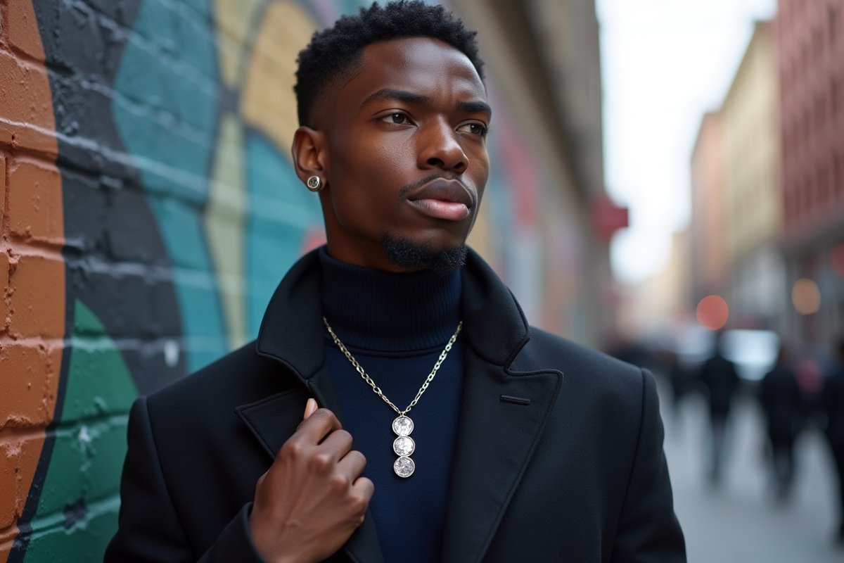 Jeune homme noir avec collier devant mur urbain