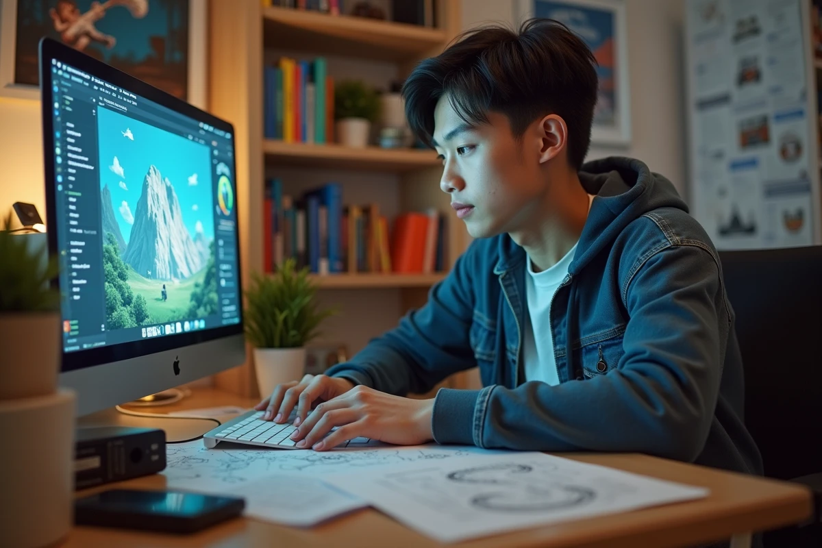 Jeune homme concentré devant son ordinateur avec carte dessinée
