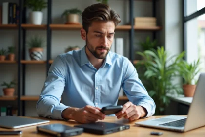 Jeune homme examine des dispositifs de stockage modernes dans un bureau