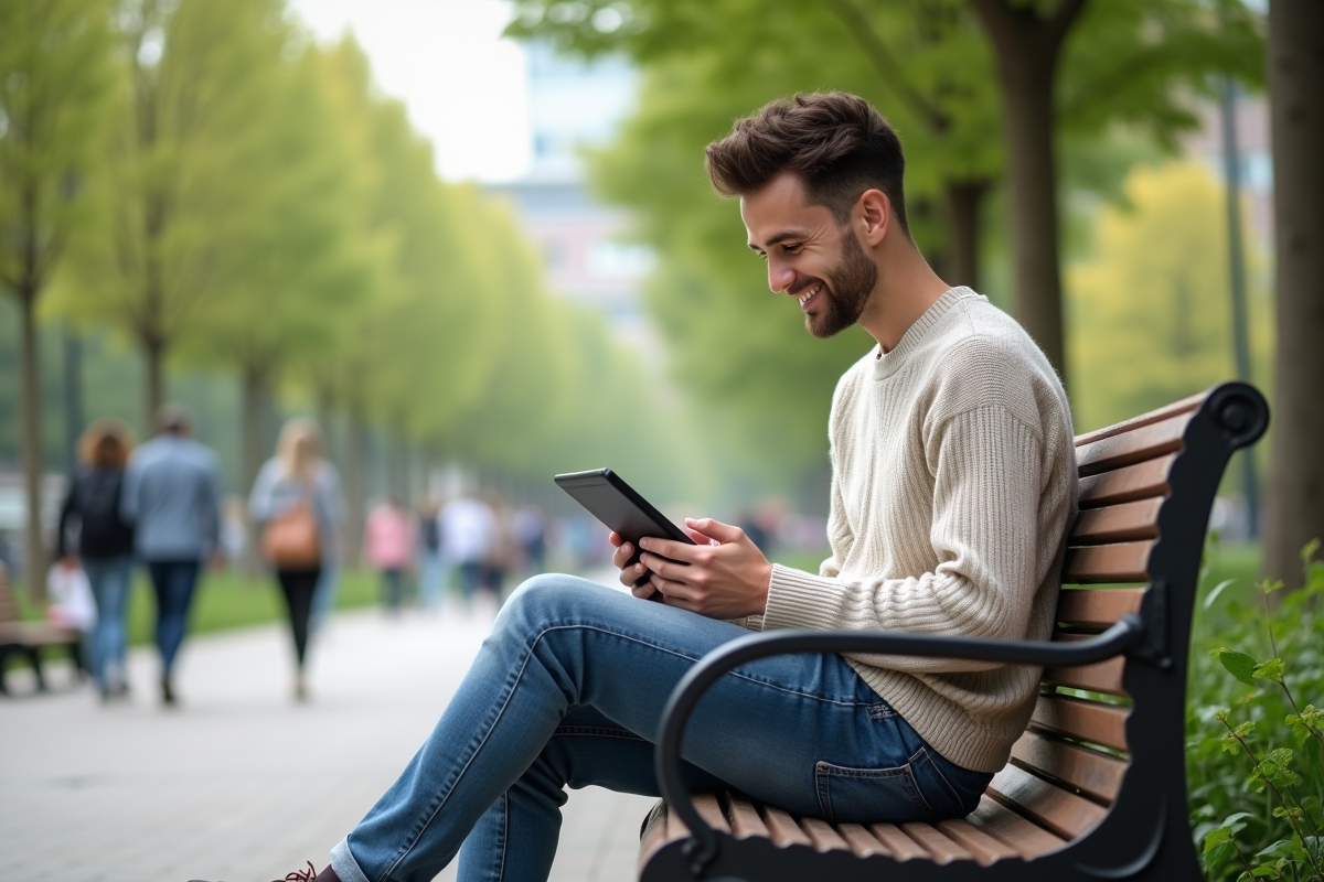 Jeune homme souriant vérifiant son application d