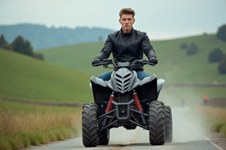 Jeune homme en moto quad dans un paysage rural
