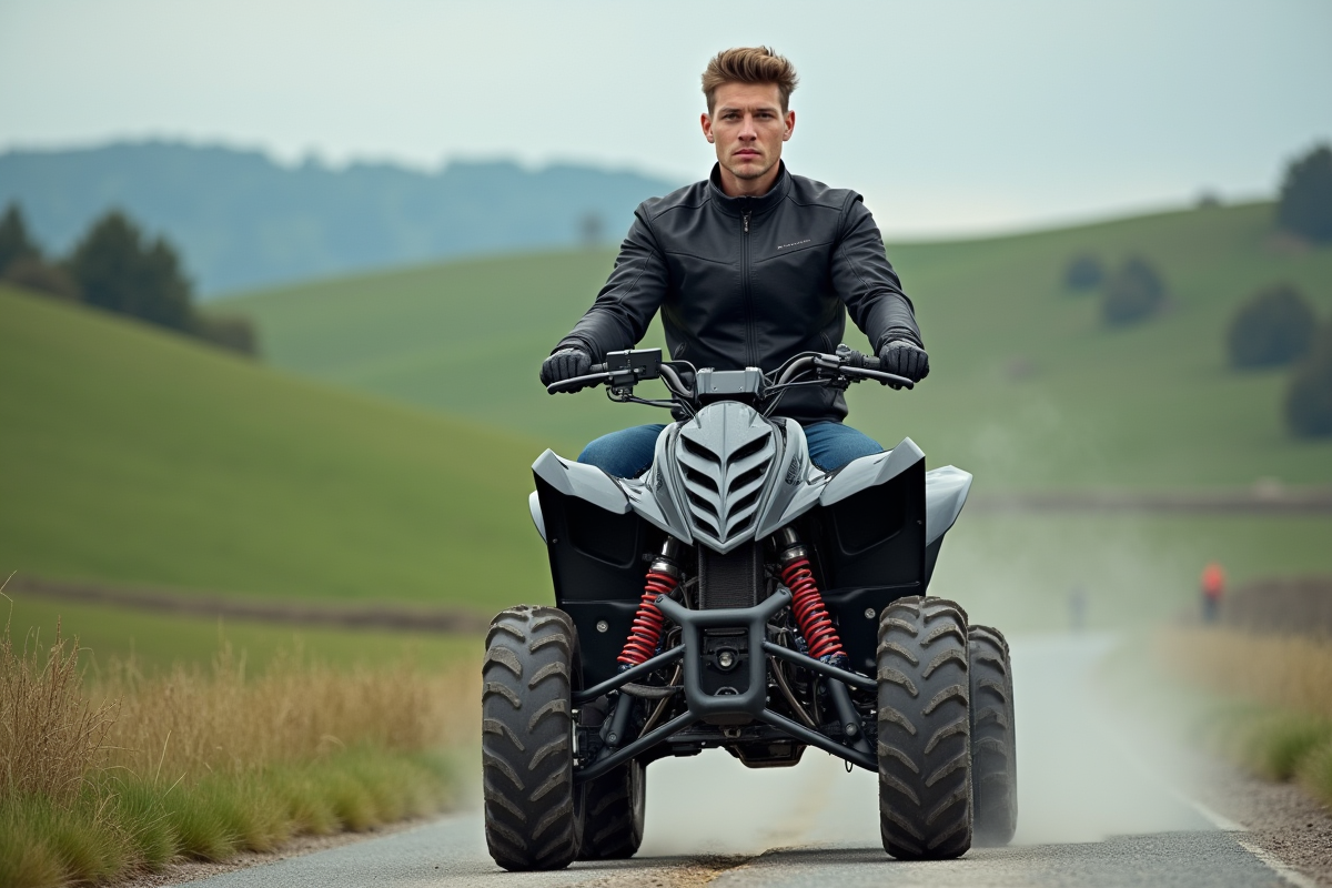 Jeune homme en moto quad dans un paysage rural