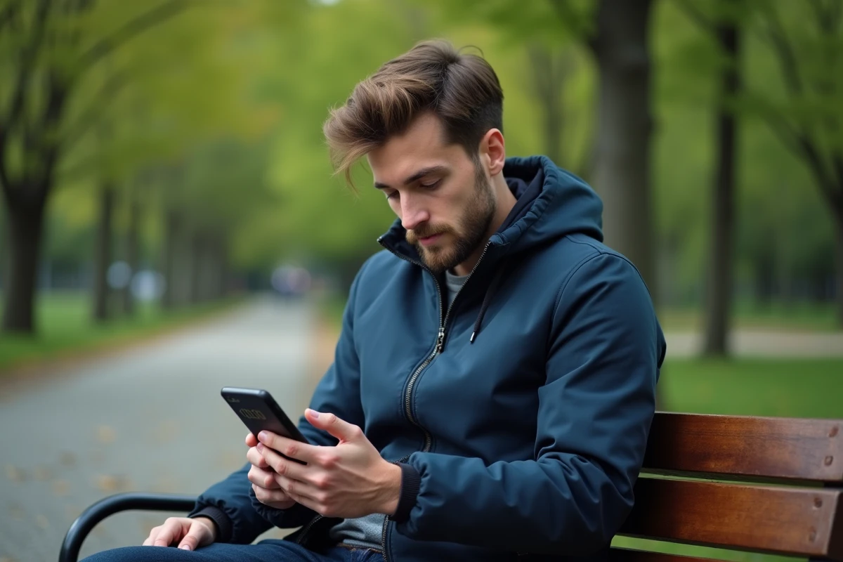 Jeune homme regardant son smartphone dans un parc