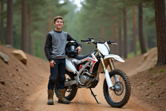 Jeune garçon en motocross avec casque sous le bras et vélo tout terrain