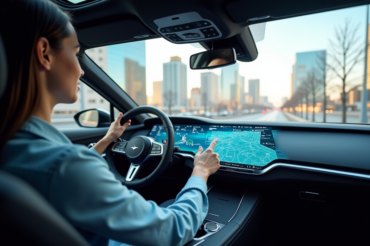 Jeune professionnel utilisant un tableau de bord futuriste avec réalité augmentée
