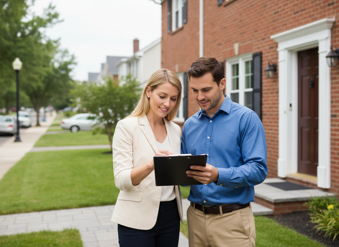 Jeune couple vérifiant des documents de maison devant une maison