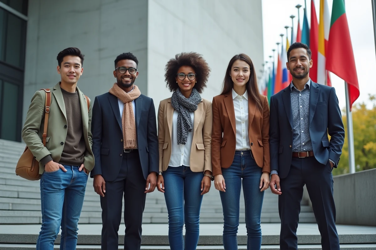 Jeunes adultes de différentes origines devant le siège de l