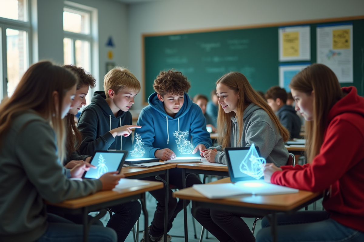 Groupe d adolescents utilisant des tablettes AR en classe