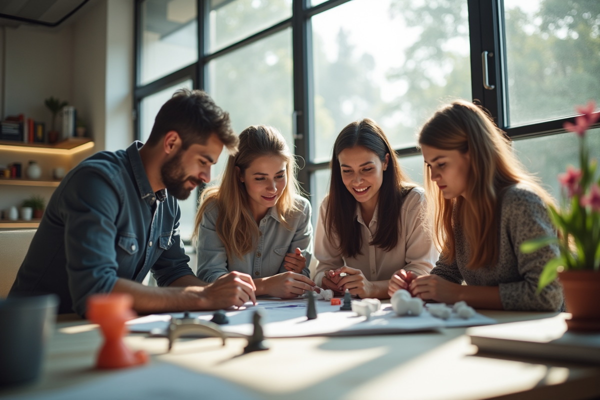 Groupe de jeunes diplômés analyse prototypes en studio lumineux