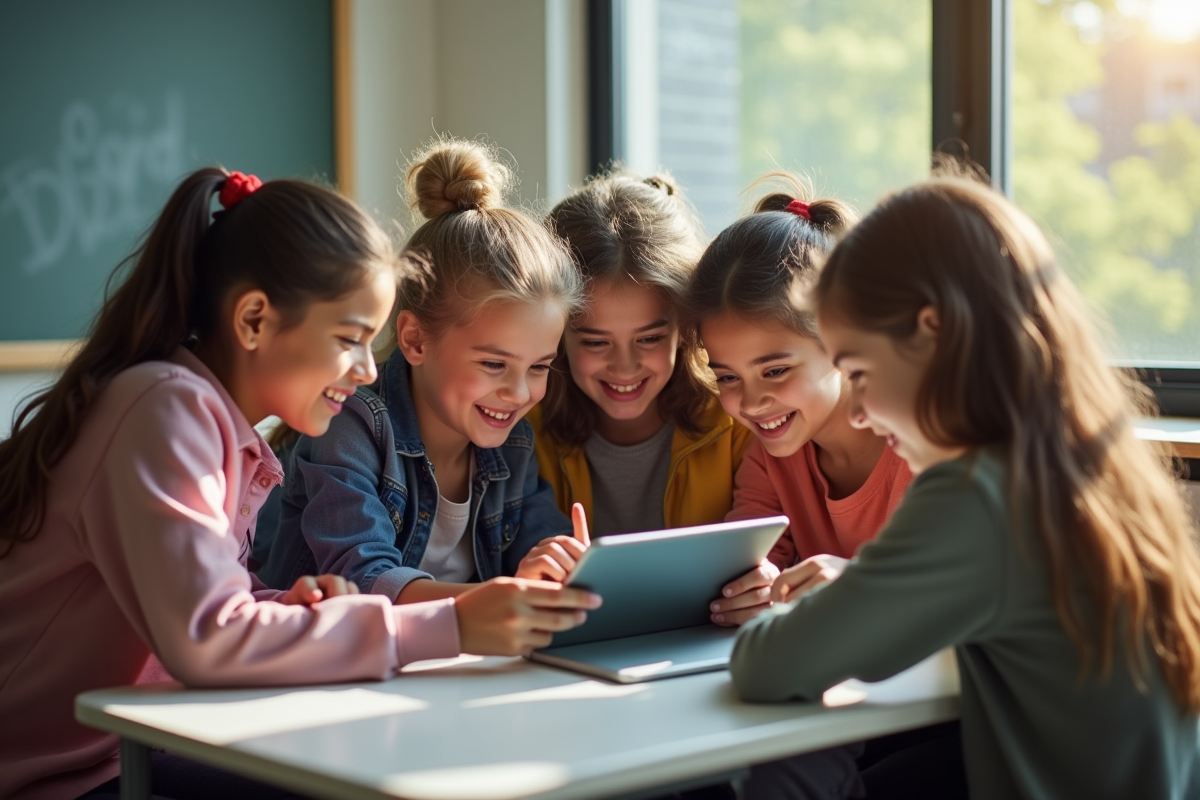 Jeunes lycéens utilisant une tablette dans une salle lumineuse