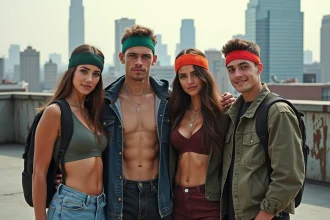 Jeunes adultes en tenue ninja sur un toit urbain à New York