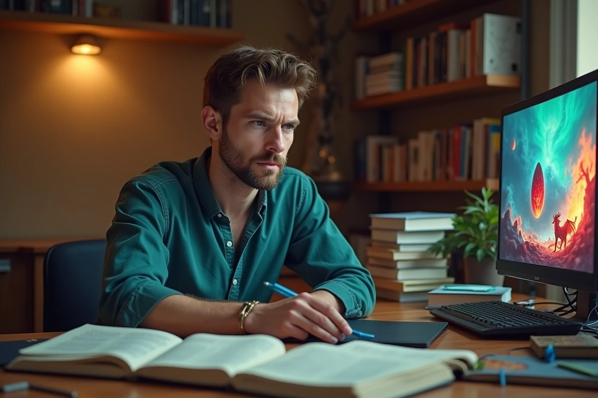 Joueur assis à un bureau consulte des guides et un écran affichant une interface de jeu avec un œuf de dragon rouge, référence aux succès du Dofus Pourpre