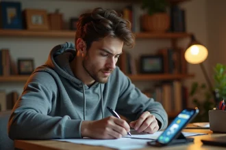 Joueur adulte concentré résolvant une énigme du jeu Rooms et Exit sur smartphone avec des notes manuscrites