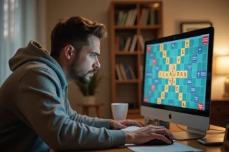 Joueur adulte concentré devant un écran d'ordinateur affichant une partie de Scrabble en ligne, main posée sur la souris dans un bureau à domicile