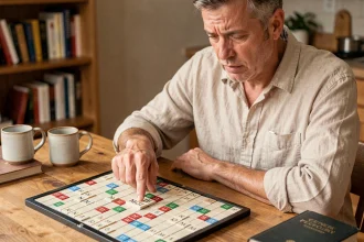 Homme adulte concentré devant un plateau de Scrabble, le doigt pointé sur les lettres formant le mot MOTE, avec un dictionnaire posé à côté