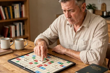 Homme adulte concentré devant un plateau de Scrabble, le doigt pointé sur les lettres formant le mot MOTE, avec un dictionnaire posé à côté