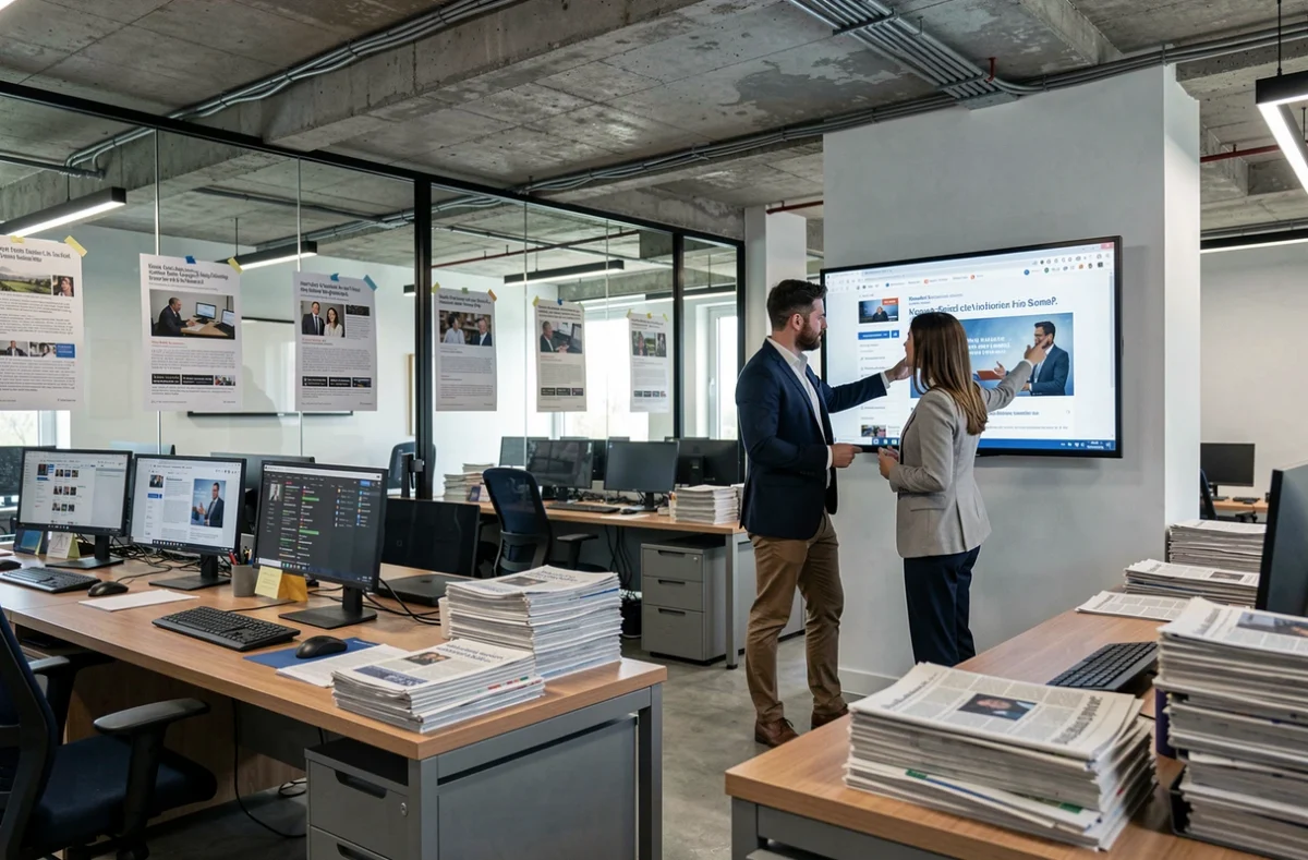 Journalistes dans une salle de rédaction analysant le contenu d'un blog sur grand écran pour évaluer sa fiabilité
