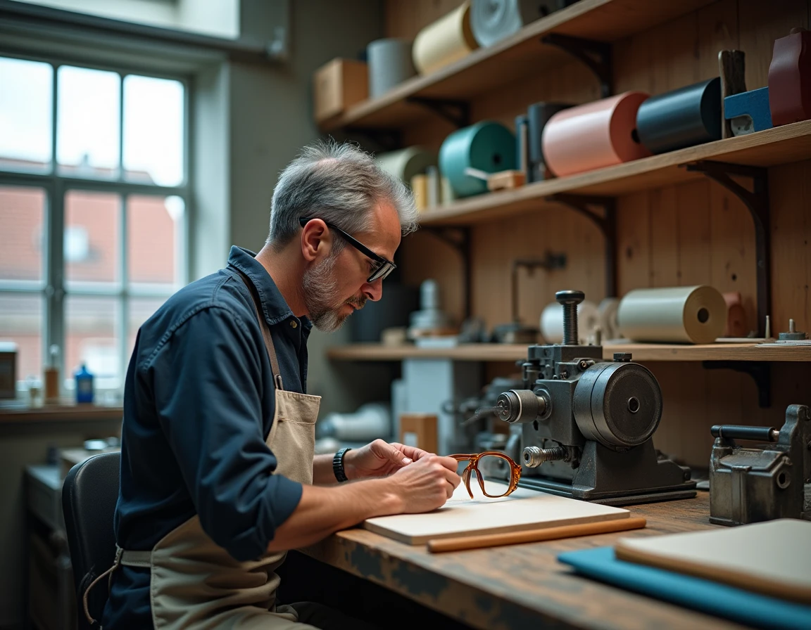 KLS-Lunettes opticien fabricant à Lyon Croix-Rousse, artisan façonnant une monture en acétate dans son atelier artisanal