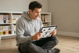 Jeune homme lisant One Piece sur une tablette en position détendue, avec des paramètres de zoom ajustés pour une lecture manga confortable