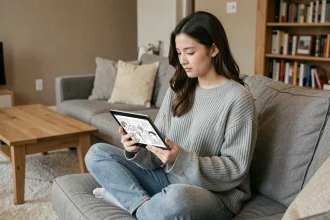 Jeune femme lisant des scans manga sur une tablette Android installée confortablement dans son salon