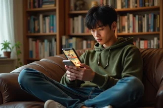 Jeune homme lisant un scan One Piece sur son smartphone dans un salon cosy avec des étagères de mangas en arrière-plan
