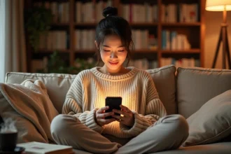 Jeune femme lisant un webtoon sur smartphone dans un salon cosy, comparaison plateformes officielles et alternatives