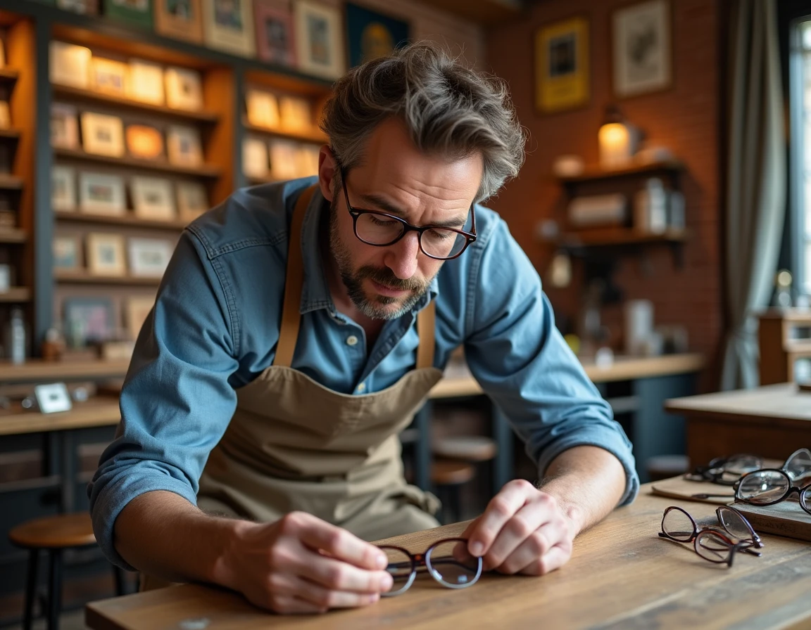 Les Lunettes de Marius à Lyon, opticien artisan examinant des montures vintage dans un atelier aux murs de briques apparentes