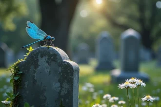 Libellule bleue posée sur une stèle funéraire en pierre dans un cimetière ancien, symbolisant le lien spirituel avec les défunts