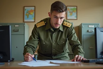 Jeune lieutenant de l'armée de terre en uniforme consultant sa fiche de paie dans un bureau administratif militaire