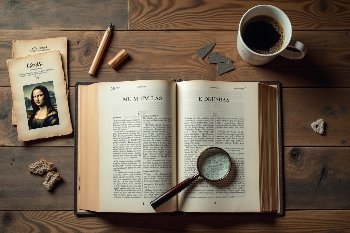 Livre d'histoire de l'art ouvert avec reproduction de la Joconde, loupe et croquis sur une table en bois