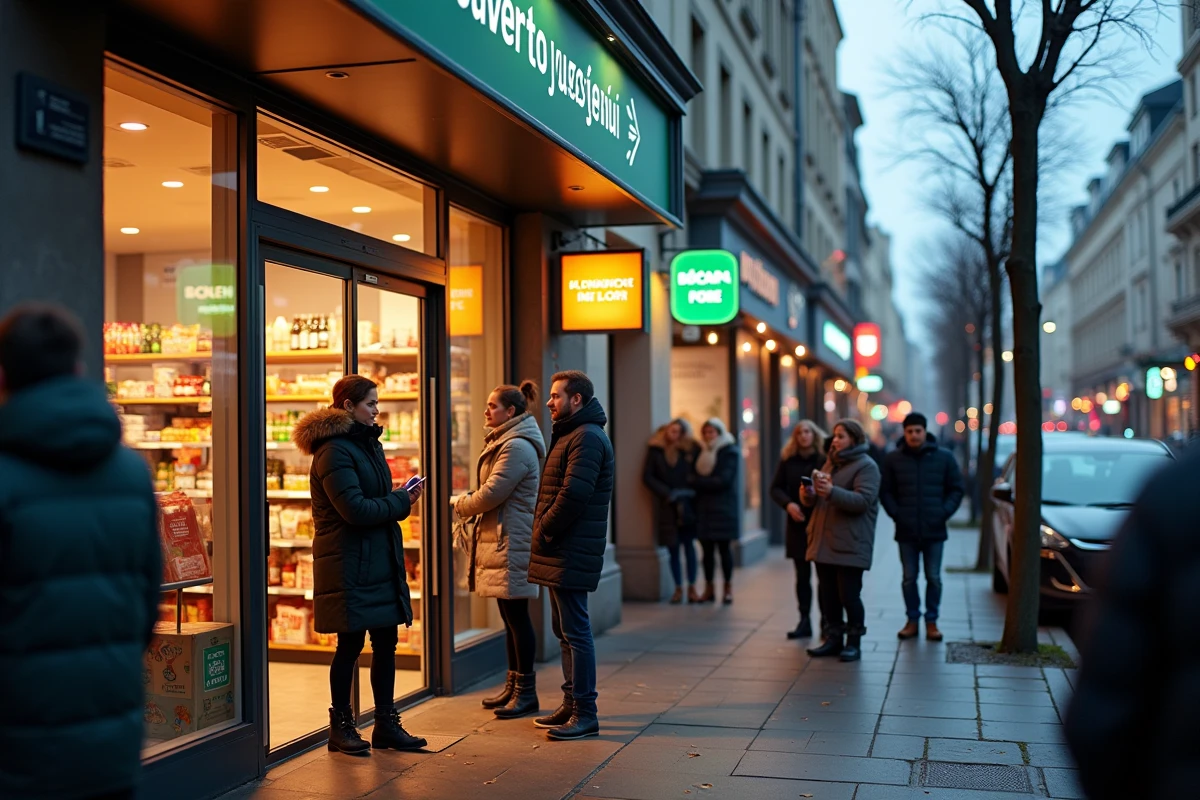 Devanture d'un magasin ouvert le 1er janvier avec des clients qui attendent devant l'entrée en hiver
